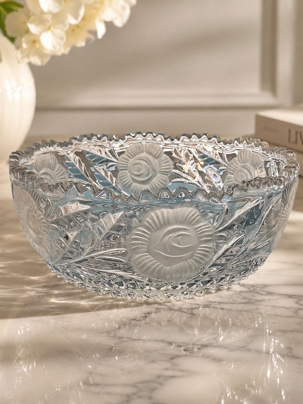 VTG ~ Lead Crystal Large Bowl ~ Frosted Roses ~ Raised Diamond Pattern